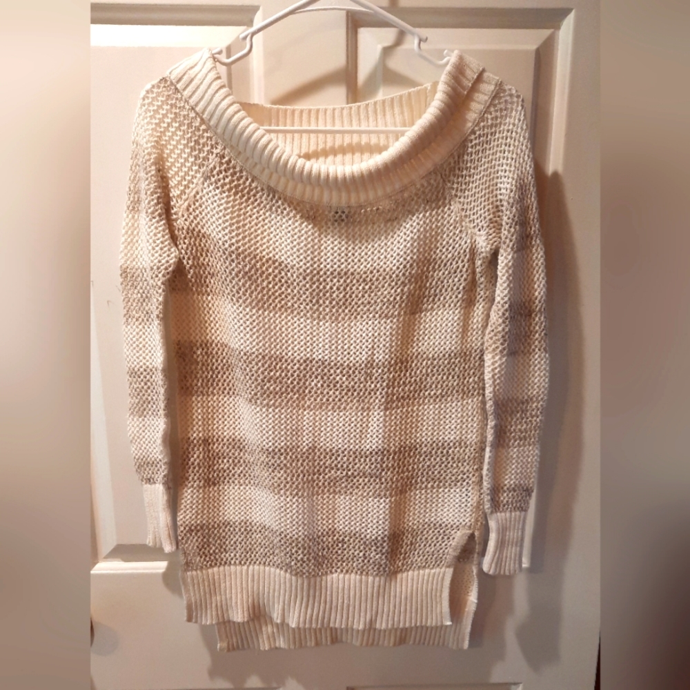 Aerie Sweater Womans Small Tan Cream Striped Woven Classic Comfort Casual